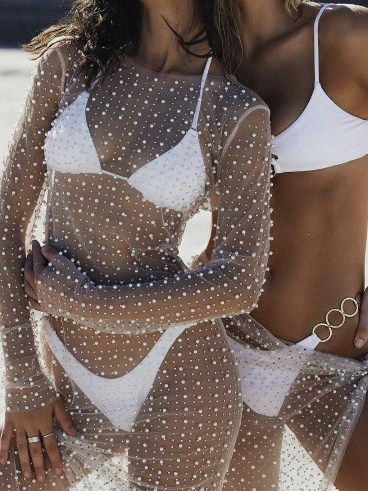 Sexy Mesh See Through Women Dress Summer Fashion Pearl Long Sleeve Vacation Beach Dress Maxi Bodycon Club Outfits 2023 Cover up