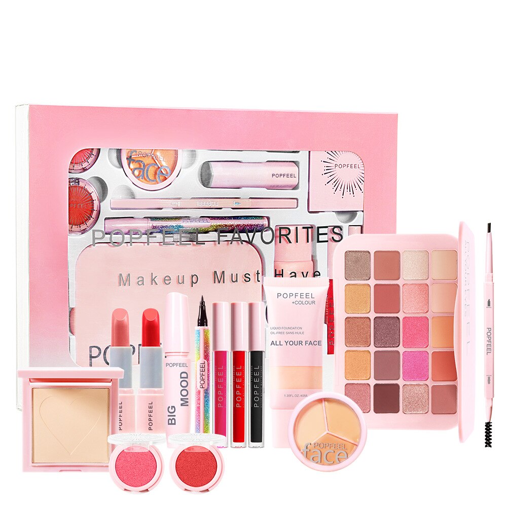 POPFEEL New Makeup Sets Box Full Eyeshadow Red Lip Gloss Eyebrow Pencil Igh-gloss Cosmetic Gift Box Profesional Makeup Kit
