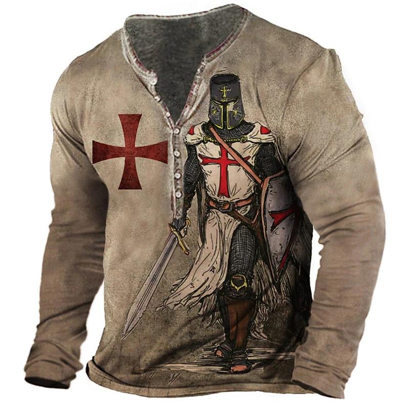 Templar Vintage Men's Cotton T-shirt 3D Print Henry T-shirt V-neck Oversized Casual Long Sleeve Shirt Punk Button Streetwear 5xl