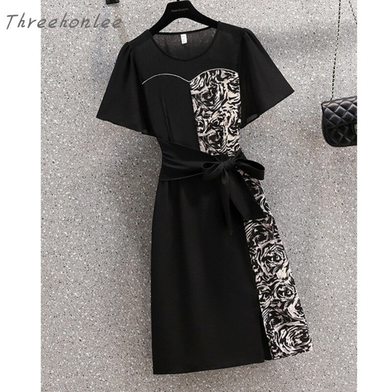 2023 Summer Retro Women Knee Length Dress Elegant Style Short Sleeve O Neck Patchwork Zipper Womens Dresses