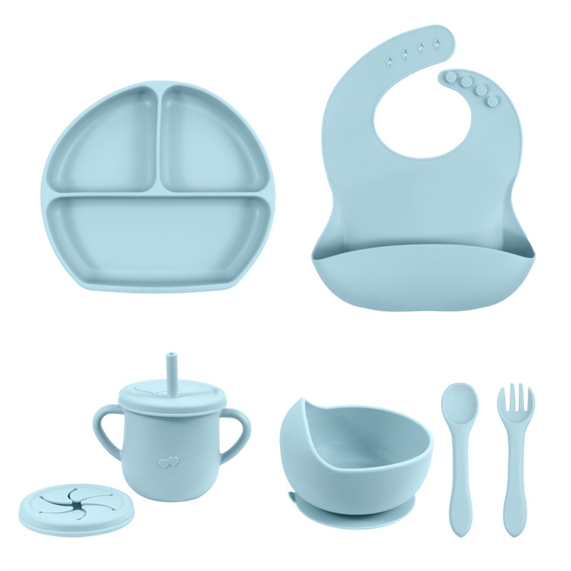 5PCS Silicone Dishes For Baby Feeding Set Sucker Bowl Plate Cup Bibs Spoon Fork Baby Items Safe Dining Plate Children Tableware