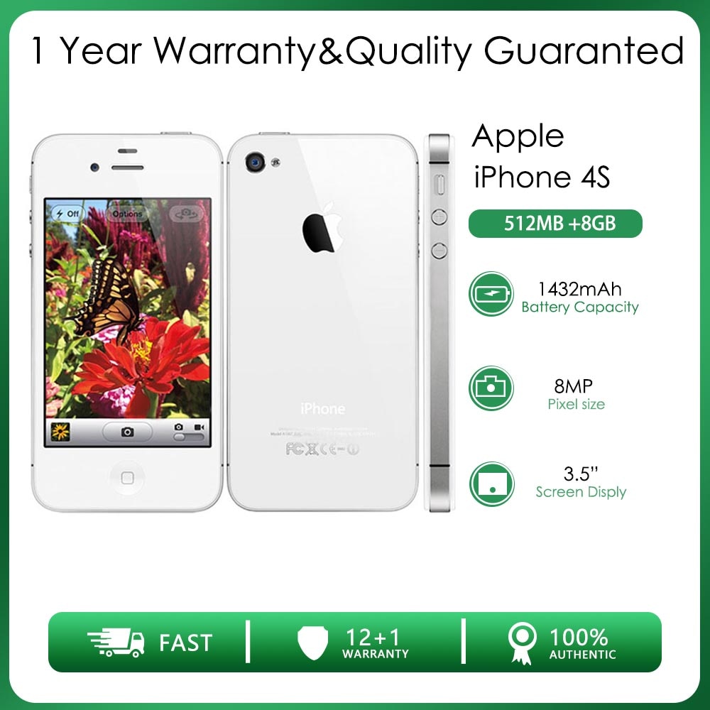 Original Unlocked Apple iPhone 4S  One SIM 512MB RAM 8/16/32/64GB ROM 8MP 3.5'' 1432mAh IOS 5 3G WIFI White Black Smartphone