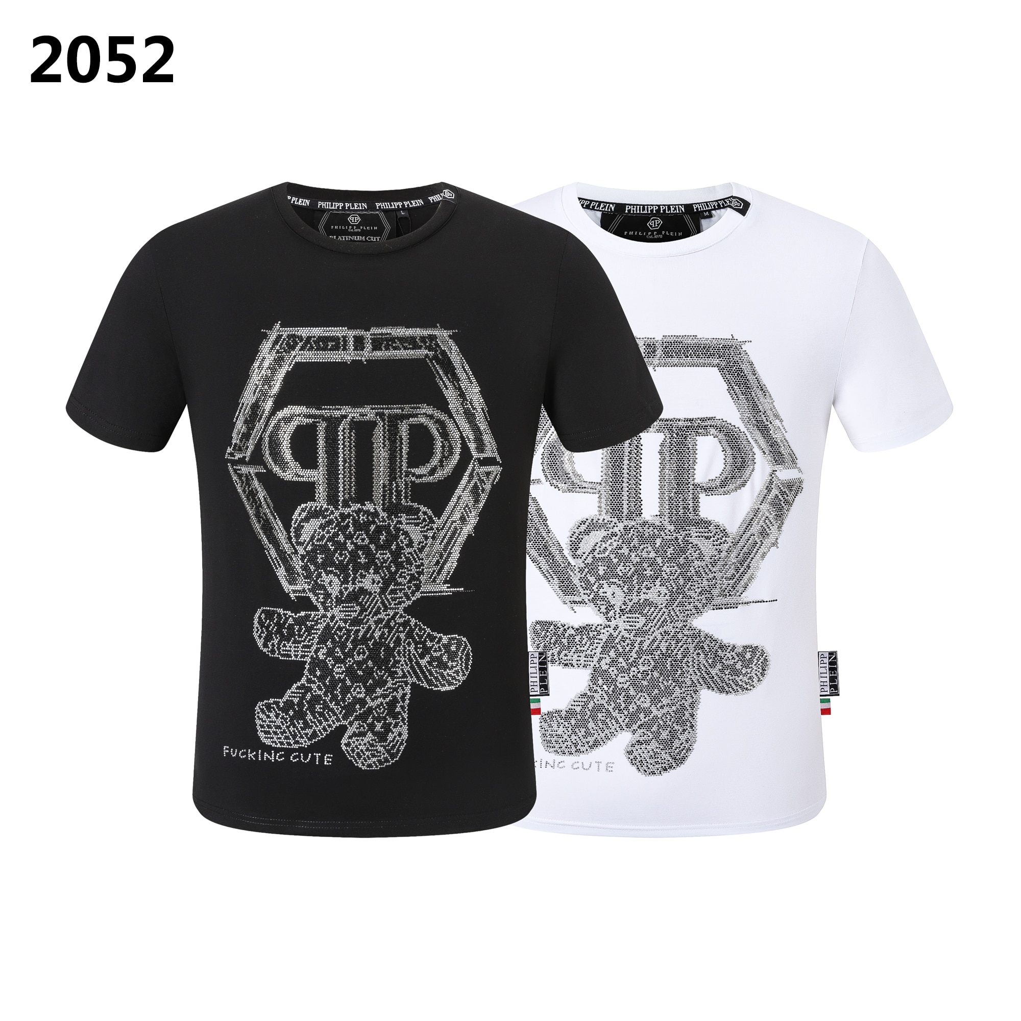 2023-24 Summer New Men's T-Shirt Black and White Skull Head Hot Diamond Sanskrit Letter Cotton Half Sleeve