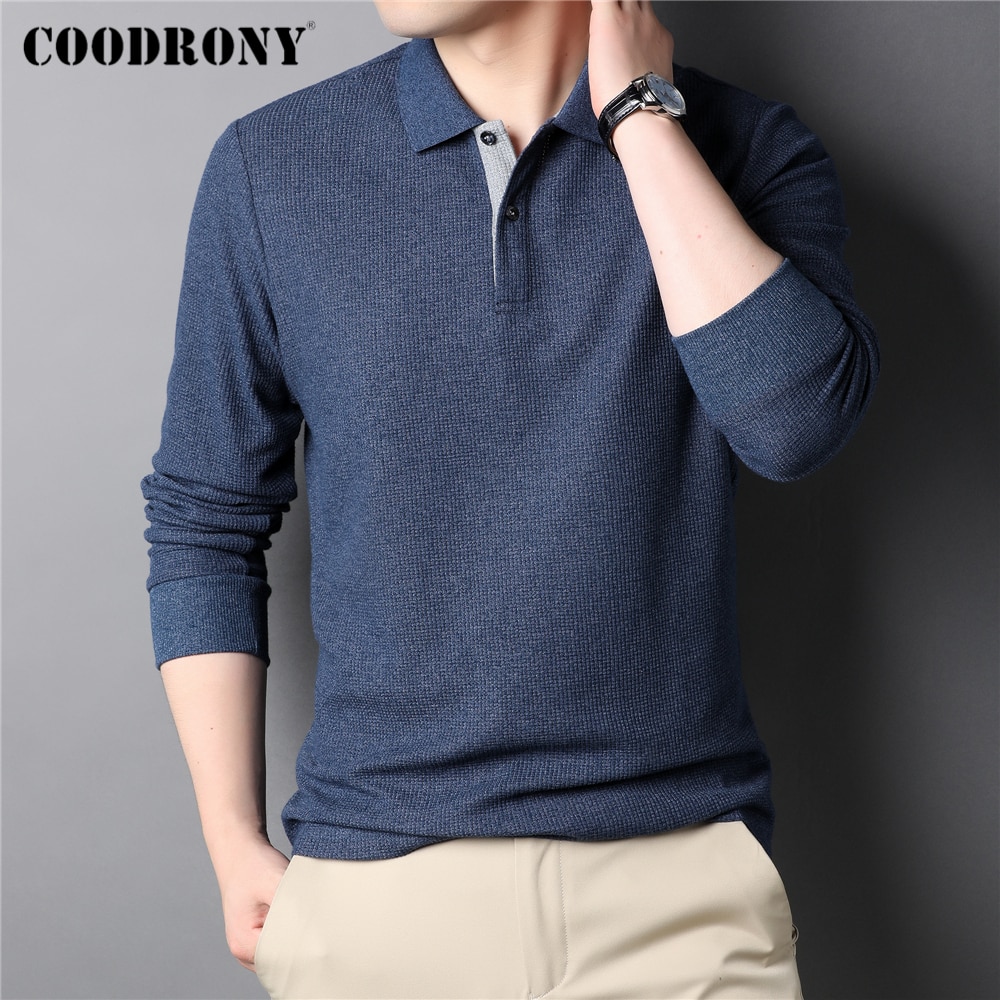 COODRONY Brand Men's Polo-Shirt Waffle Pattern Long Sleeve T-Shirt Men Clothing Soft Cotton Business Casual T Shirts Homme Z5108