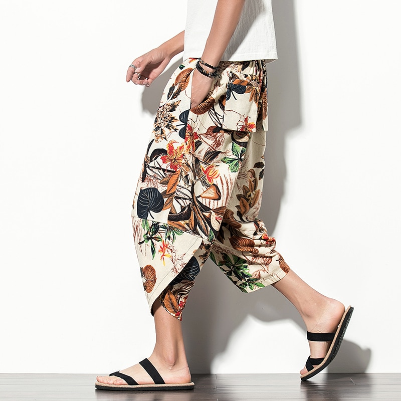 2023 Summer Harajuku Calf Length Casual Men's Pants Wide Leg Cotton Linen Printing Harem Baggy Pants Fashion Men's Clothing
