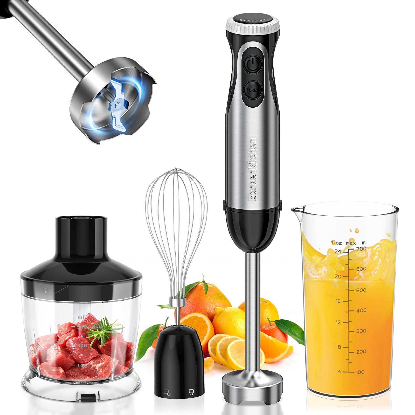 Immersion Handheld Blender, Stainless Steel Hand Stick Blender, 20-Speed 4-In-1 Hand Blender