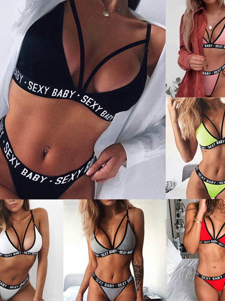 2022New Women's Sexy Sports Underwear Set Girl Sexy Bandage Corset Letter Push Up Bra+Thongs Panties Lingerie Summer Style