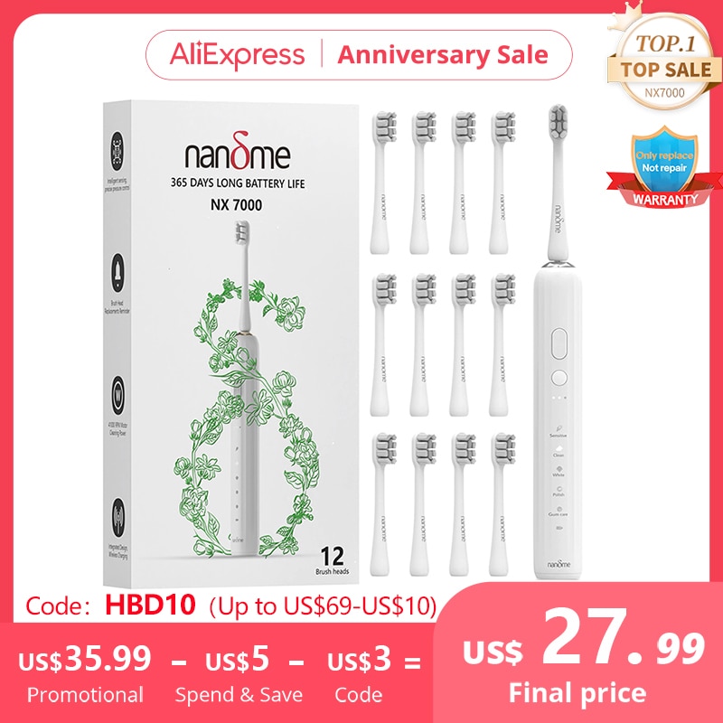Nandme NX7000 Smart Sonic Electric Toothbrush Ultrasound IPX7 Rechargeable Tooth Brush 5 Mode Smart Time Whitener Teethbrush